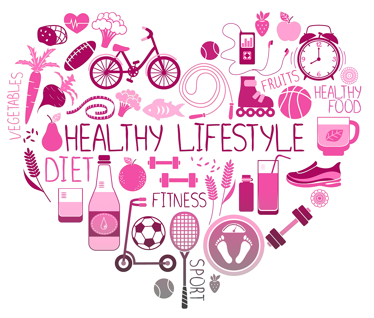 Illustration of healthy food and fitness icons arranged in a heart