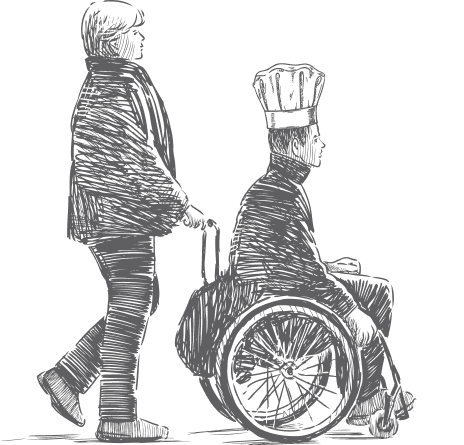 Illustration of a carer pushing a chef in a wheelchair